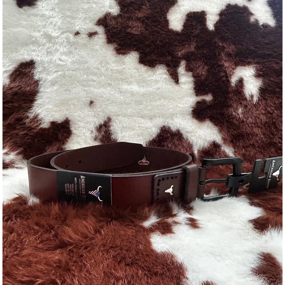 American Bison Mens Brown Top Grain Leather Belt Size‎ 32 Matte Black Buckle